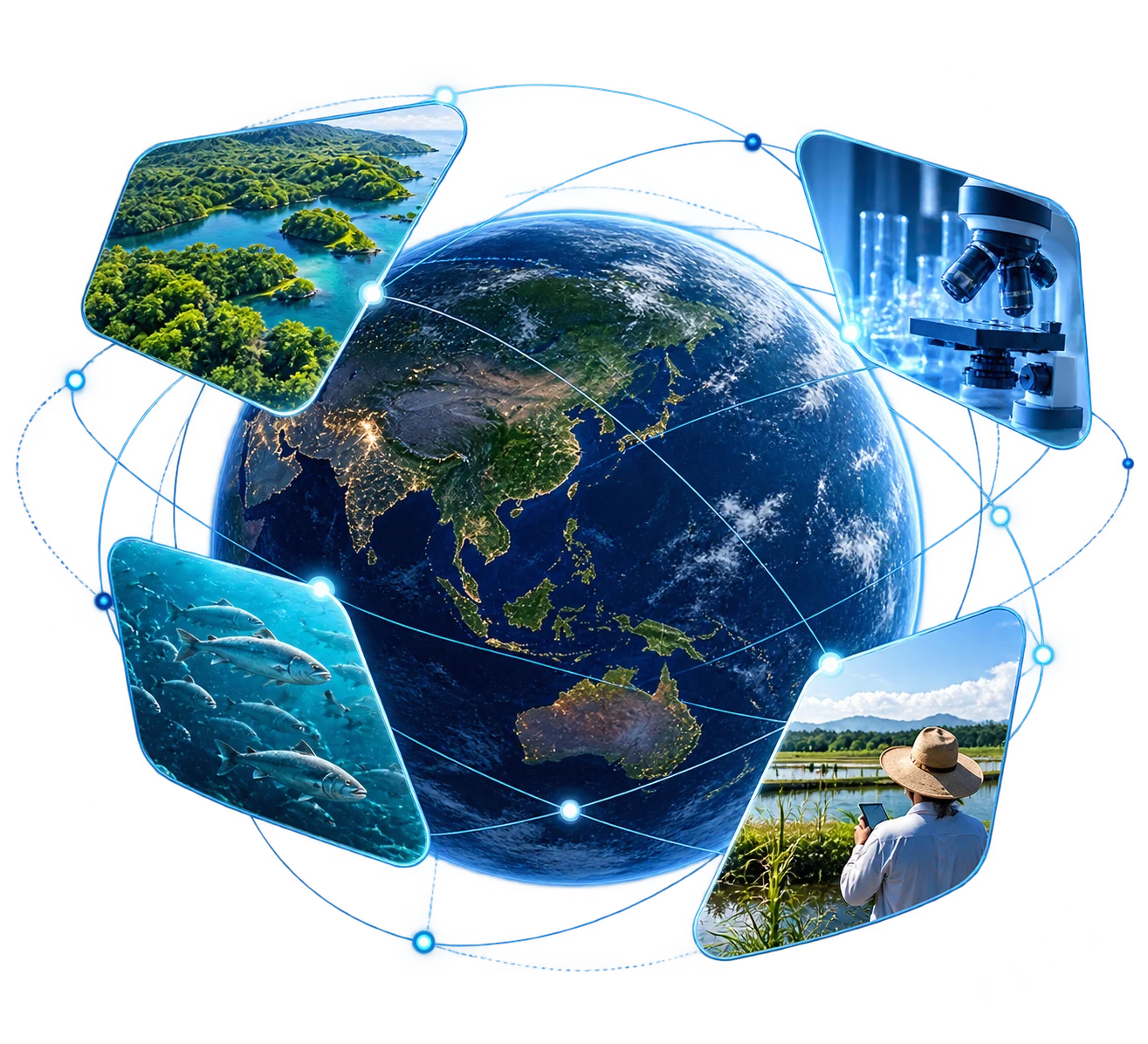 A blue globe connected to nature, laboratory science, aquaculture, and a farmer in the field.